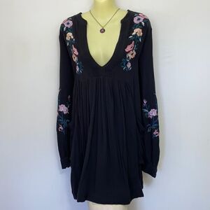 Free People Dress Tunic Embroidered Oversized  Midnight Blue Sz Sm Nwot